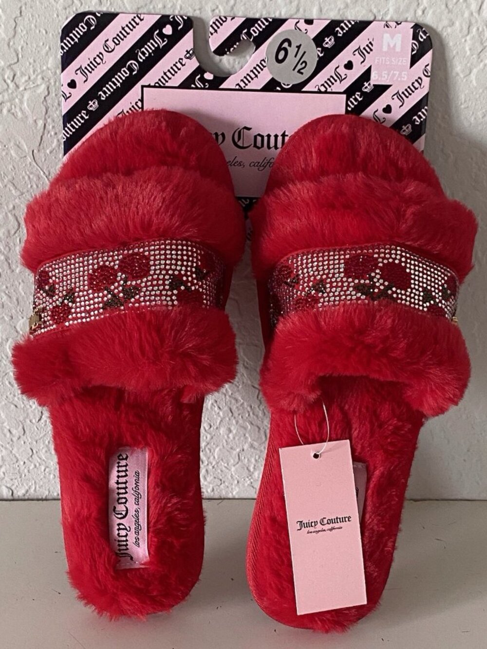 Juicy Couture GOJI Red Cherry Slippers Slides‎ Rhinestones Faux Fur Sz M 6.5/7.5